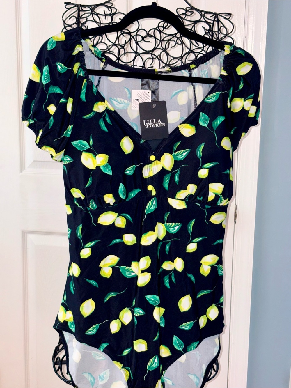 Ulla Popken  Black Lemon-Print V-Neck Swim Suit